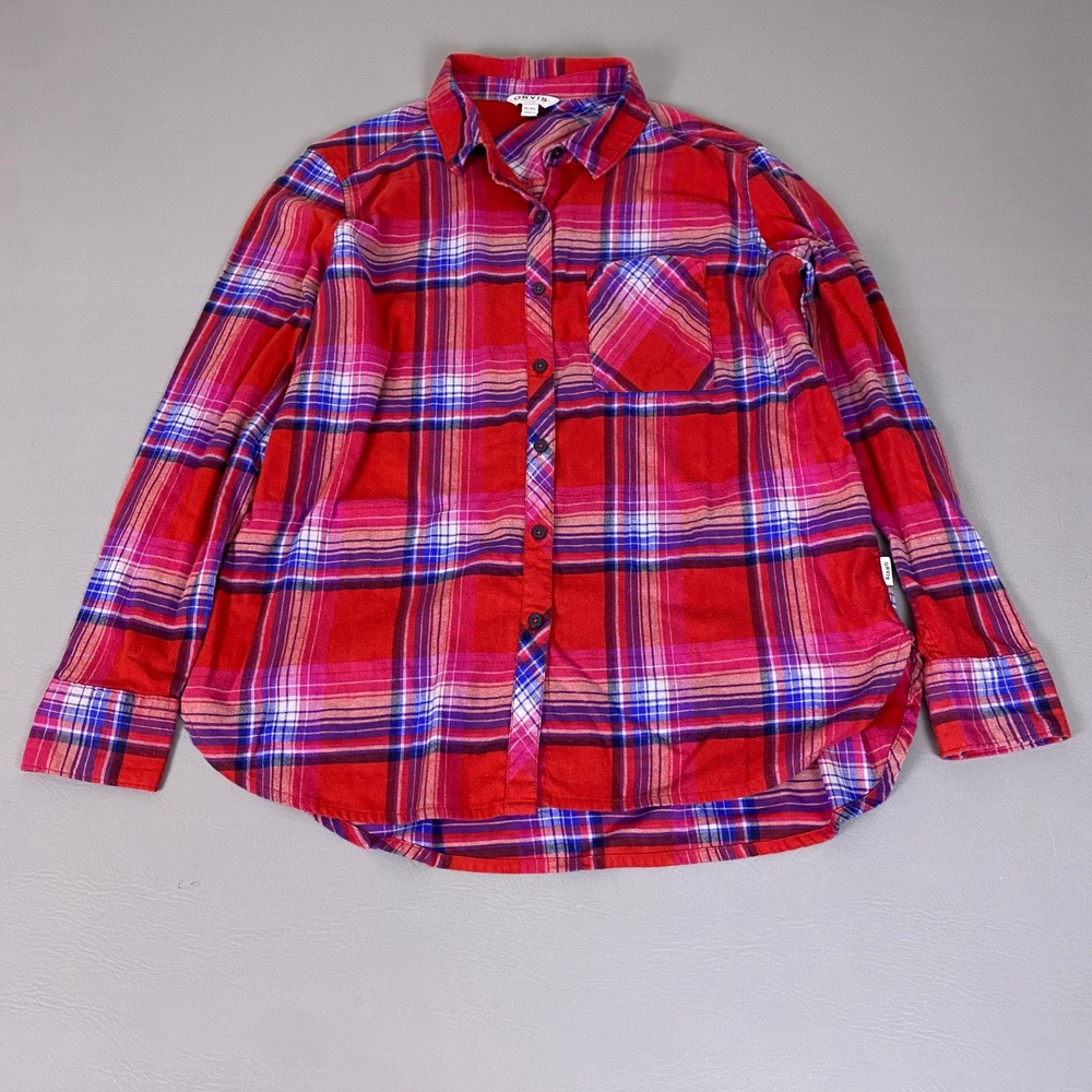 Orvis Flannel Shirt Women's Size XL Red Blue Plaid Button Up Stretch Long Sleeve